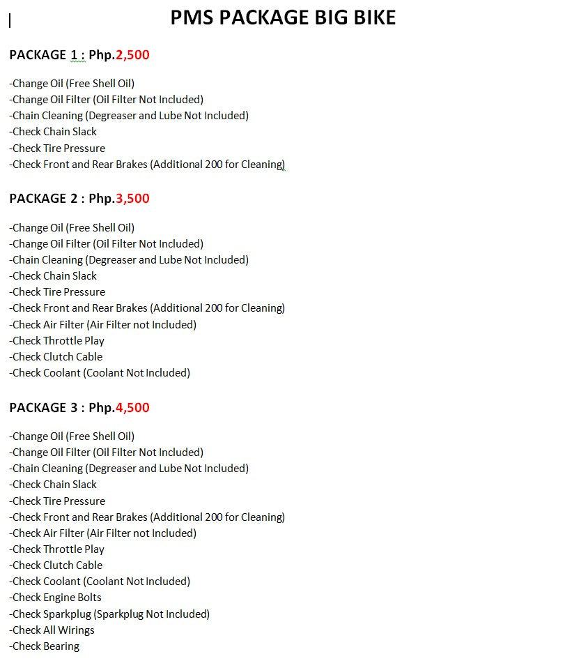 Pms Package PMS PACKAGE FOR BIG BIKE – Zero One Moto Shop